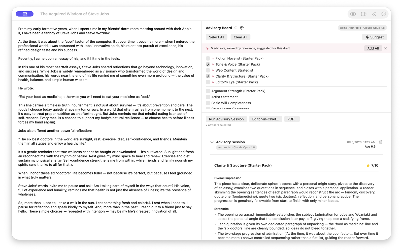 Eddie draft window showing advisory feedback and scores beside the document
